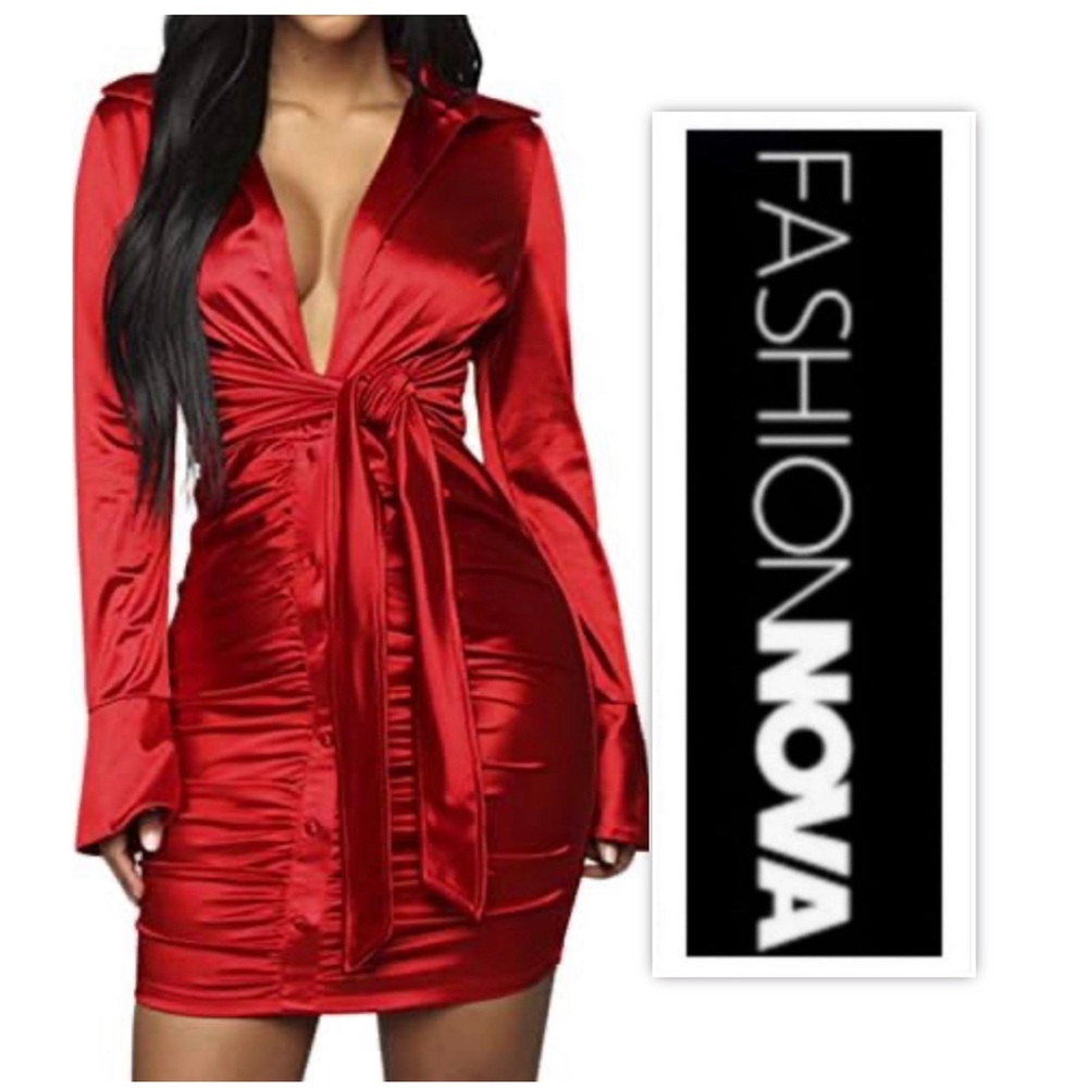 Fashion Nova Red Satin Tie-Waist Bodycon Dress
